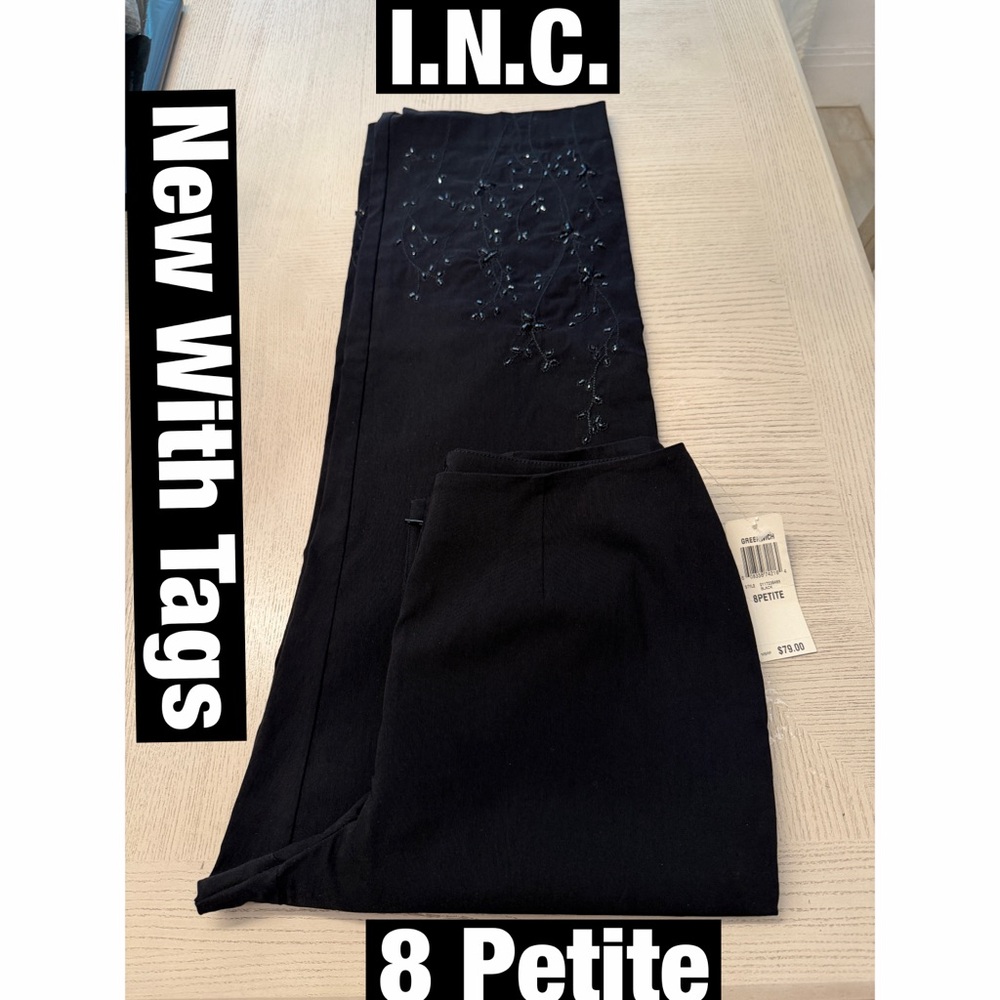 I.N.C. Black Embroidered Beaded StretchPants - Petite New With Tags